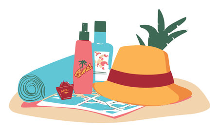 Discover a vibrant vector illustration showcasing summer vacation essentials, including a hat, sunscreen, towel, and map, perfect for travel-themed projects.のイラスト素材