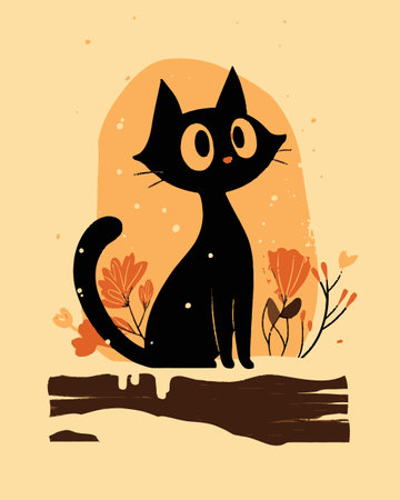 This charming illustration features a black cat sitting gracefully on a branch surrounded by colorful flowers. The whimsical, cartoon style creates an enchanting atmosphere perfect for art lovers.のイラスト素材