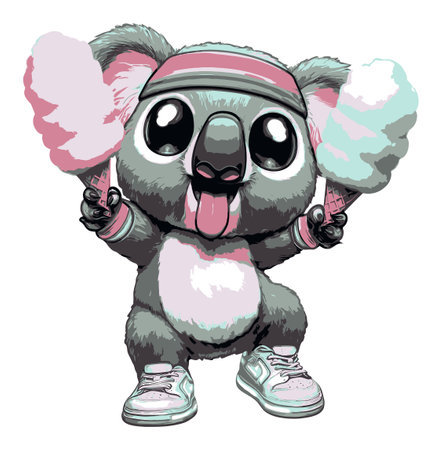 Adorable cartoon koala character enjoying cotton candy treats. This colorful illustration captures a playful and cheerful spirit, perfect for kids' themes and designs.のイラスト素材