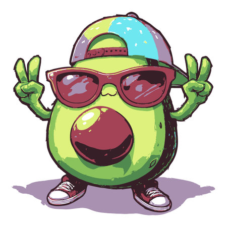 A fun and vibrant cartoon avocado character wearing sunglasses and a cap, striking a playful peace sign. Perfect for food lovers and trendy designs!のイラスト素材