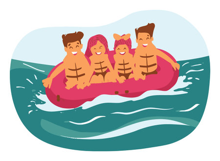 A vibrant cartoon illustration depicting four happy children enjoying a summer day on an inflatable raft, splashing through the waves. Ideal for summer-themed projects.のイラスト素材
