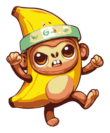 This playful cartoon monkey character dressed in a banana costume radiates energy and joy. Ideal for children's media, illustrations, and vibrant designs.のイラスト素材