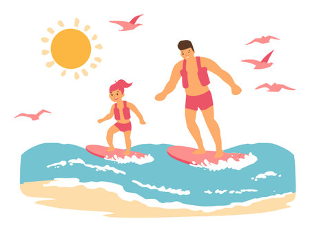 This cheerful vector illustration depicts a sunny summer day with two cartoon surfers riding vibrant ocean waves. Perfect for summer themes, this artwork captures joy and adventure.のイラスト素材
