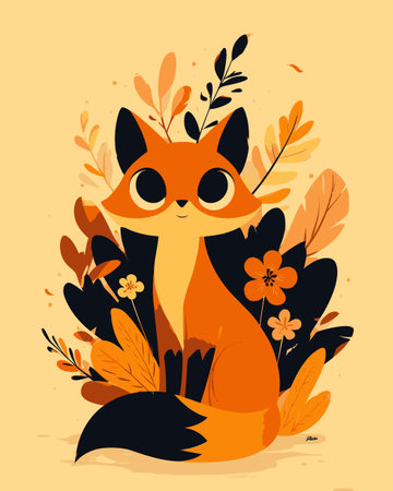 This charming cartoon fox illustration features vibrant colors and playful design. Surrounded by leaves and flowers, the fox exudes an adorable charm perfect for various projects.のイラスト素材