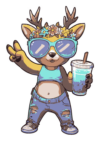 Adorable cartoon animal character wearing sunglasses and a floral crown while enjoying a beverage. Perfect for cheerful illustrations and playful designs.のイラスト素材