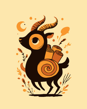 Whimsical cartoon goat carrying rolled logs showcases a playful design, vibrant colors, and charming floral accents. Perfect for nature-themed projects.のイラスト素材