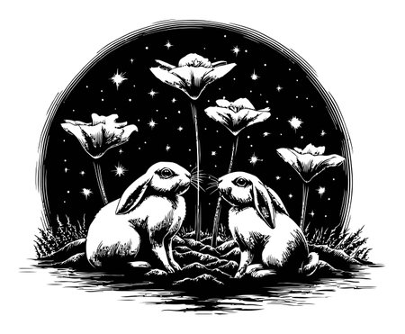 This enchanting black and white illustration features two rabbits surrounded by whimsical flowers under a starry sky, creating a serene and magical atmosphere.のイラスト素材