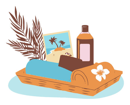 Explore a vibrant cartoon illustration showcasing summer essentials like towels, sunblock, and tropical elements, evoking relaxation and escape.のイラスト素材