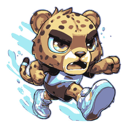 A dynamic and playful cartoon cheetah character in athletic mode, showcasing vibrant colors and energy in motion, perfect for children's content and sports themes.のイラスト素材