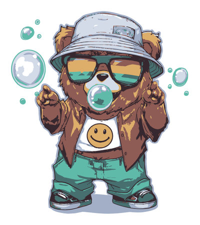 Whimsical cartoon bear character in a stylish outfit, surrounded by bubbles, exuding charm and cheerfulness. A unique art piece reflecting playful vibes.のイラスト素材