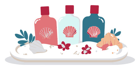 Delight in this colorful summer illustration featuring cartoon bottles, seashells, and flowers on a white background, evoking a cheerful beach vibe and tropical relaxation.のイラスト素材