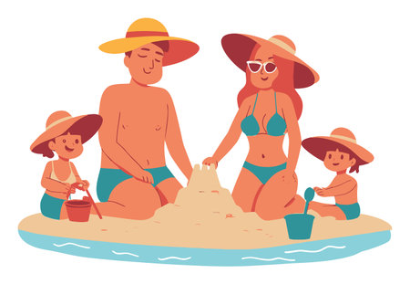 A cheerful family enjoying their summer vacation at the beach, building a sandcastle together. Perfect illustration for summer themes and family fun.のイラスト素材