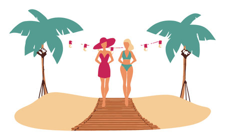 This vibrant cartoon illustration features two women walking on a sandy beach path. Surrounded by palm trees and summer vibes, it captures a joyful vacation atmosphere.のイラスト素材