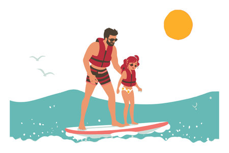 Enjoy a vibrant cartoon illustration of a father and daughter surfing together on a sunny summer day, showcasing adventure and family bonding on the water.のイラスト素材