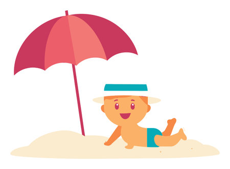 This colorful vector illustration depicts a cheerful baby playing in the sand under a beach umbrella, capturing the joyful essence of summer relaxation and fun.のイラスト素材