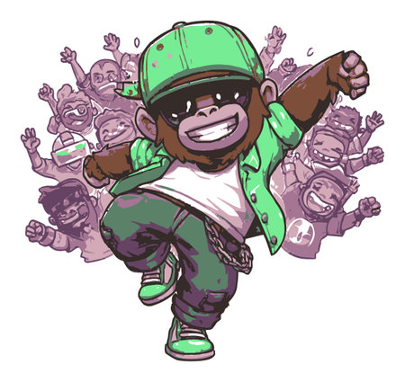 Colorful illustration of a lively cartoon monkey dancing joyfully, wearing green attire and sunglasses, surrounded by cheering friends. Perfect for fun projects!のイラスト素材