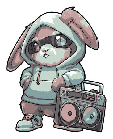Cute cartoon bunny character wearing a hoodie and holding a boombox. The playful design features vibrant colors and a charming expression, perfect for any fun project.のイラスト素材