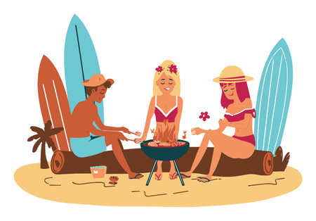 Vibrant cartoon illustration depicting friends enjoying a summer beach gathering. They sit together by a barbecue, surrounded by surfboards and lush nature.のイラスト素材
