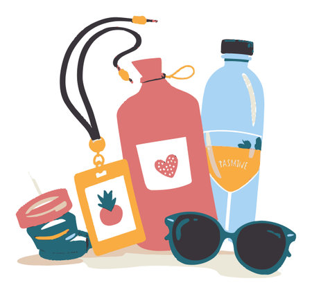 A vibrant cartoon vector illustration featuring summer drinks and stylish accessories. Perfect for...