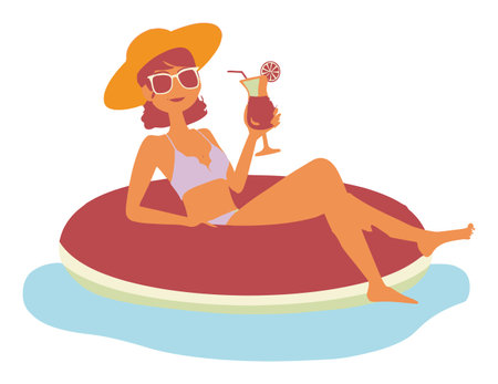 This vibrant cartoon illustration features a cheerful woman relaxing on a float in a pool, enjoying a refreshing drink. Perfect for summer-themed projects.のイラスト素材