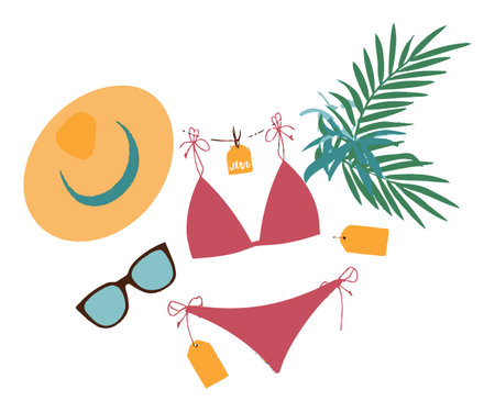 Bright and playful vector illustration showcasing summer swimwear accessories, including a bikini, hat, and sunglasses, perfect for vacation and beach themes.のイラスト素材