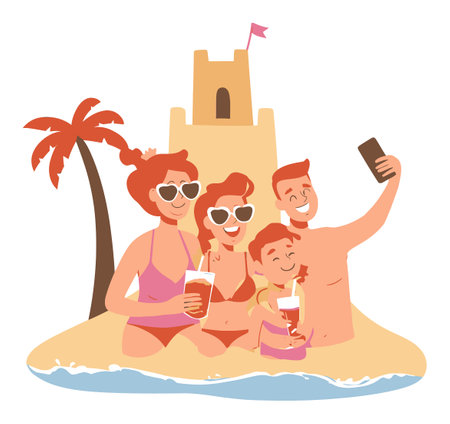 This vibrant cartoon illustration captures a joyful family on the beach enjoying summer. Surrounded by a sandcastle, they take a fun selfie while sipping refreshing drinks.のイラスト素材