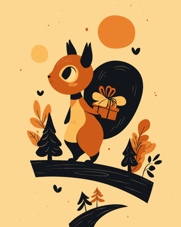 This whimsical illustration features a cute squirrel joyfully carrying a gift in a stylized forest setting, perfect for children's book art and playful designs.のイラスト素材