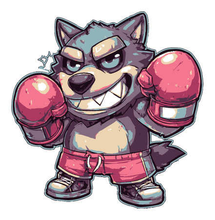 This vibrant cartoon wolf character, donned in boxing gloves and shorts, exudes a playful yet fierce demeanor, perfect for various fun and energetic themes.のイラスト素材