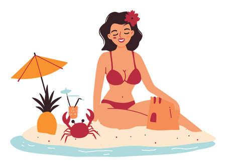 Vibrant and playful summer illustration featuring a cheerful woman in a bikini enjoying a beach setting with a crab, tropical drinks, and a sandcastle.のイラスト素材