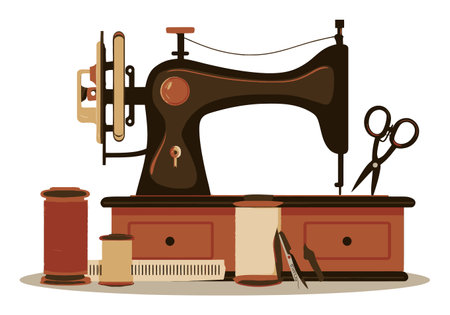 A vintage sewing machine set against a workspace background with spools, scissors, and crafting tools. Perfect for art, DIY projects, and sewing enthusiasts.のイラスト素材