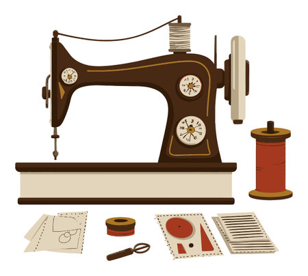 Discover a vintage sewing machine illustration featuring essential crafting tools and accessories. Perfect for themes of creativity, fashion, and handmade artistry.のイラスト素材