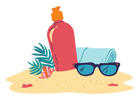 This vibrant summer vector illustration features essential beach items like sunscreen, a towel, and sunglasses, highlighting relaxation and enjoyment by the shore.のイラスト素材