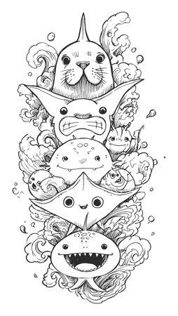 Discover a whimsical hand-drawn doodle featuring playful sea creatures stacked with fun expressions among waves. Ideal for art enthusiasts and decor!のイラスト素材