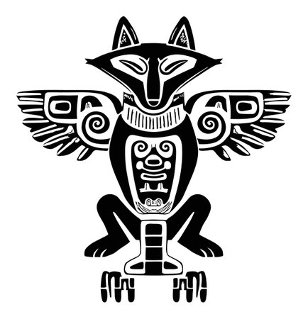 Discover a striking traditional illustration of a winged fox, featuring intricate designs and shapes, perfect for art enthusiasts and cultural representation.のイラスト素材