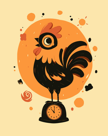 This whimsical cartoon illustration features a cheerful rooster standing on a clock against a vibrant background, showcasing playful artistic expression and creativity.のイラスト素材