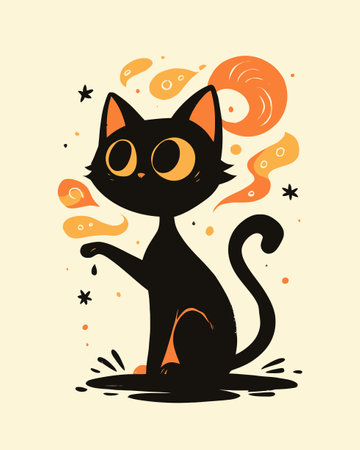 This vibrant illustration features a whimsical black cat sitting amidst abstract shapes and playful orange swirls, capturing a charming and magical essence.のイラスト素材