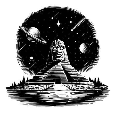 This detailed engraving showcases a monumental statue atop a pyramid, surrounded by celestial bodies and stars, invoking a sense of mystery and wonder.のイラスト素材