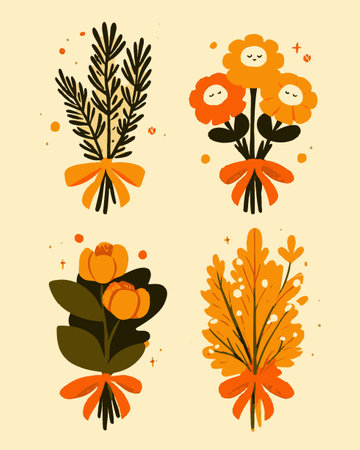 Explore a collection of whimsical floral illustrations showcasing colorful cartoon bouquets. These unique designs capture the essence of nature in a playful and cheerful style.のイラスト素材