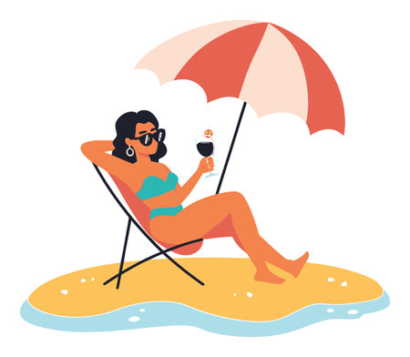 Colorful vector illustration of a woman relaxing under an umbrella on a beach. She enjoys a refreshing drink while soaking up the summer sun, capturing a perfect moment of leisure.のイラスト素材