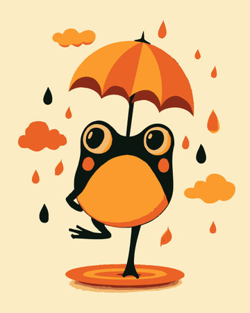 This vibrant cartoon illustration features a whimsical frog character holding an umbrella, surrounded by colorful raindrops and clouds. Perfect for playful art projects!のイラスト素材