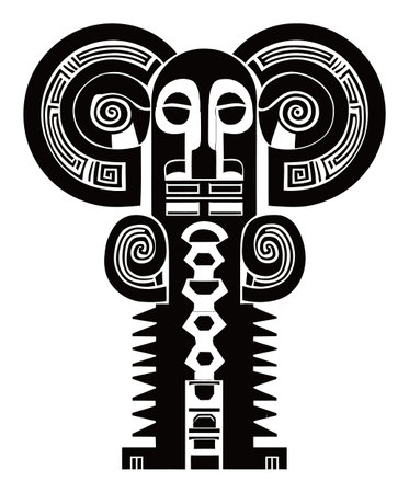 Explore this detailed black and white engraving of a stylized ram, showcasing intricate patterns and shapes. Ideal for creative projects focused on art and culture.のイラスト素材