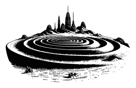 This intricate black and white engraving features a surreal landscape with spirals and towering structures, showcasing artistic imagination and creativity.のイラスト素材