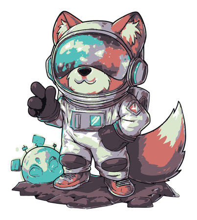 Adorable cartoon fox astronaut character with vibrant colors and playful expression. Accompanied by a cute planet element, this artwork embodies joy and imagination.のイラスト素材