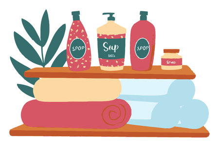 This charming summer cartoon illustration features spa products and towels neatly placed on a shelf, perfect for wellness and relaxation themes.のイラスト素材