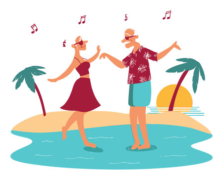 This vibrant cartoon illustration depicts a happy couple dancing joyfully on a beach, surrounded by palm trees and a sunset, perfect for summer themes.のイラスト素材