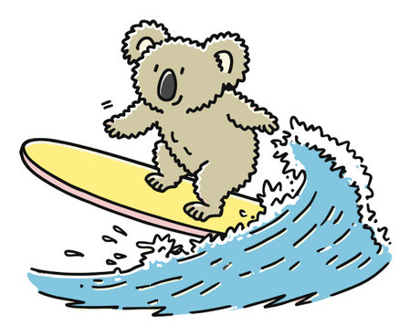 A cheerful koala rides a bright yellow surfboard, enjoying a wave. This playful illustration captures the spirit of summer fun, adventure, and joy at the beach.のイラスト素材