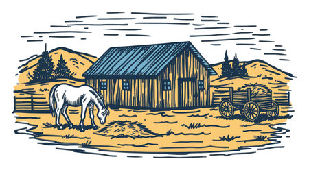This vintage illustration depicts a serene farm scene featuring a gentle horse grazing near a rustic barn and a hay cart, surrounded by peaceful countryside.のイラスト素材