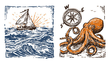 This vintage nautical illustration features a sailing boat navigating waves alongside a detailed octopus and compass, evoking a spirit of adventure and exploration.のイラスト素材