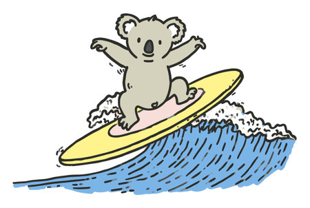 A cheerful koala surfing on a yellow surfboard captures a fun and vibrant moment in this playful illustration, perfect for summer-themed projects or wildlife designs.のイラスト素材
