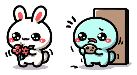 This charming illustration features a cute bunny holding flowers beside a character holding a cookie. The playful expressions capture joy and friendship.のイラスト素材